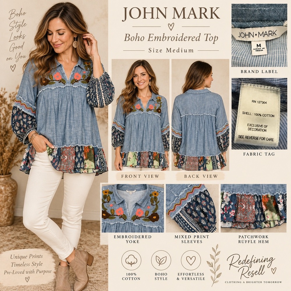 John Mark Boho Embroidered Patchwork Top Blue Cotton Floral Ruffle Hem Medium